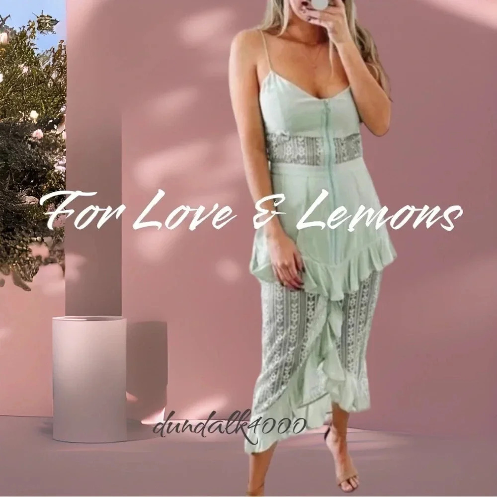 For Love & Lemons Lovebird Lace Ruffle Midi Dress S